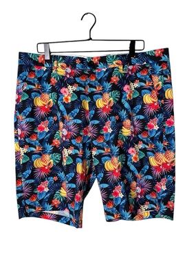 Men's HRESKI Navy Tropical Print Golf Flat Front Shorts